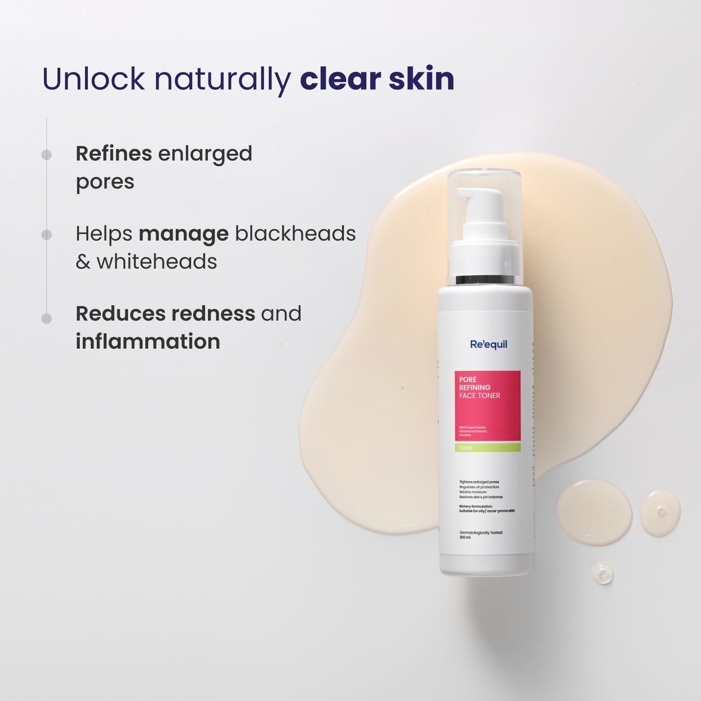 RE' EQUIL Pore Refining Face Toner | Tightens Enlarged Pores | Regulates Oil Production | Retains Moisture & Ph Balance | Alcohol-Free Toner For Oily And Acne Prone Skin |100 Ml