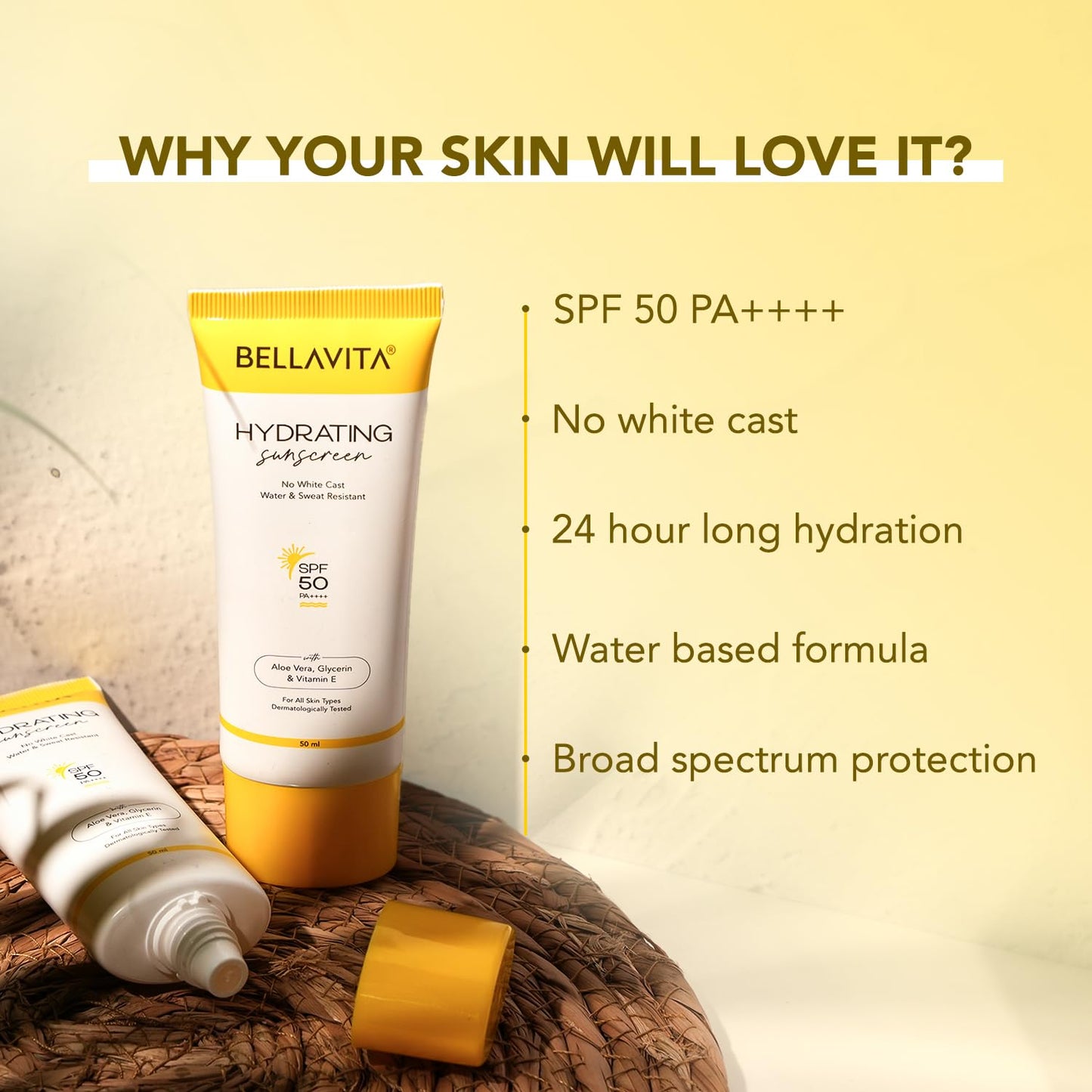 BELLAVITA Water based Hydrating Sunscreen, SPF 50, Lightweight PA+++, For All Skin Types, No White Cast, Non - Greasy Finish, UV Protection, Broad Spectrum, For Men & Women, 50ML