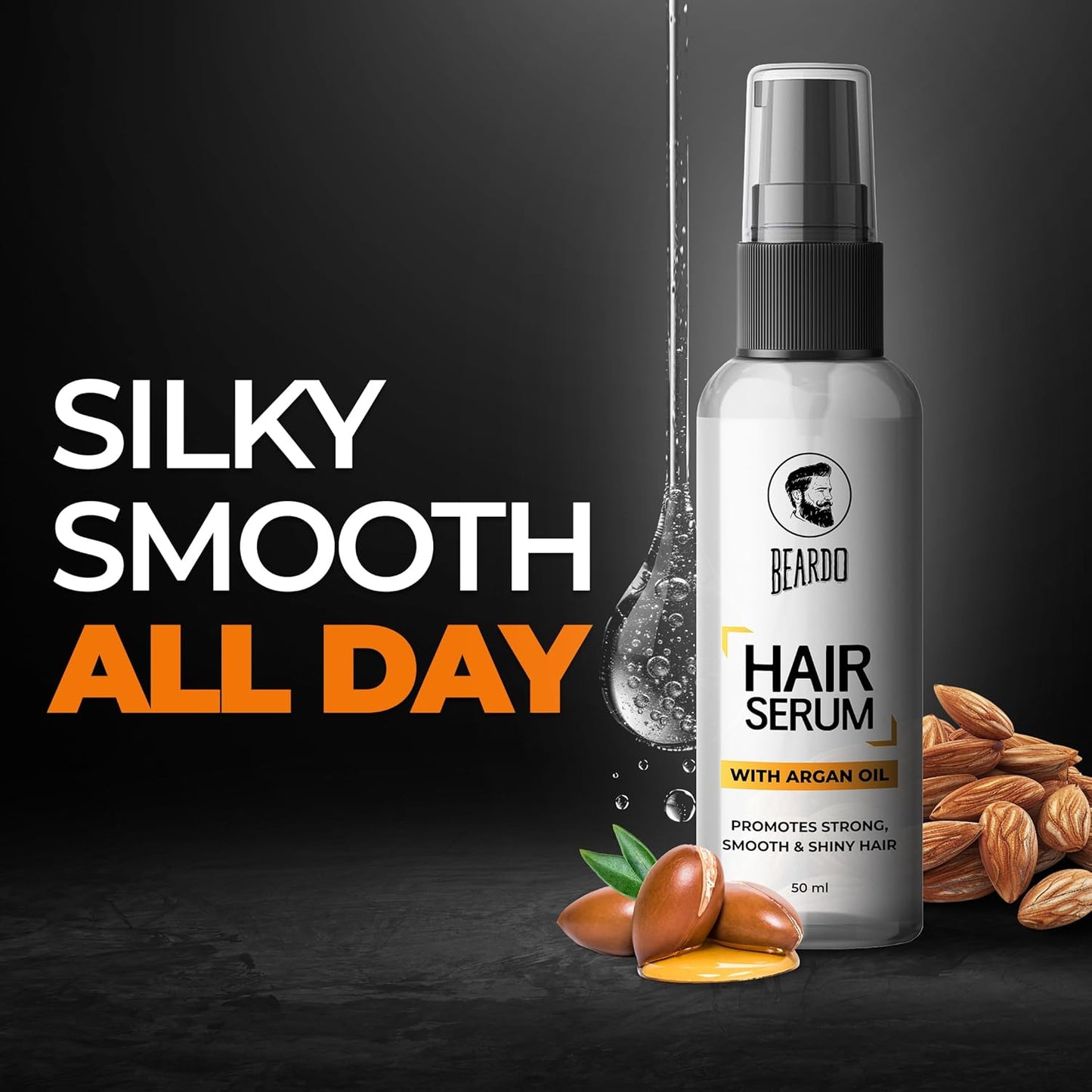 Beardo Hair Serum 50ml for Instant Shine & Anti-frizz with Argan Oil, Made for Men's Hair, Super Light-weight | Provides shine, smoothness and damage protection | Luxurious Shine, Frizz-Free Hair Serum for Men