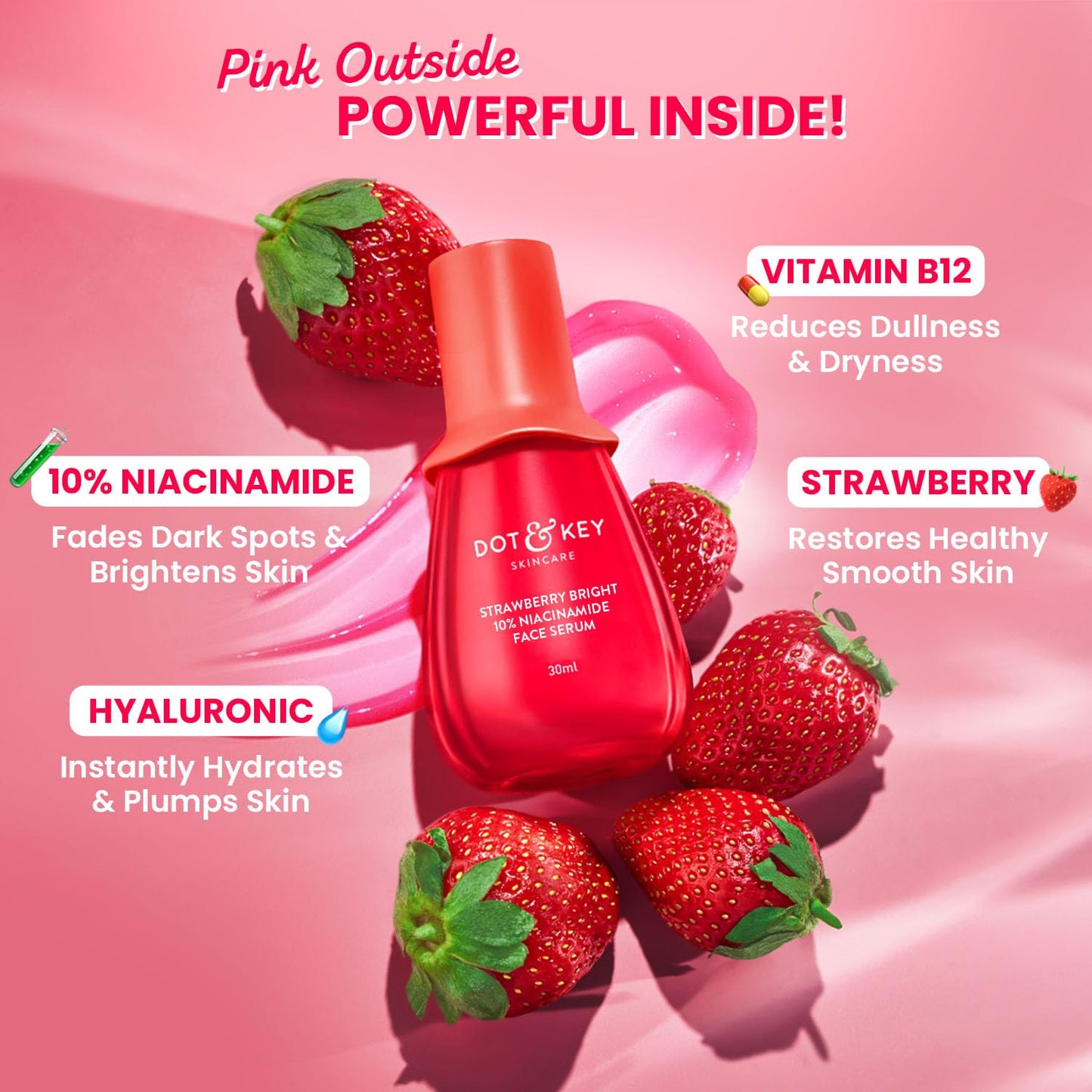Dot & Key 10% Niacinamide + Strawberry Brightening Face Serum with Vitamin B12 & Hyaluronic | Fades Dark Spots & Pigmentation, Treats Dullness | Instantly Hydrates & Smoothes Skin, Minimises Pores | 30ml
