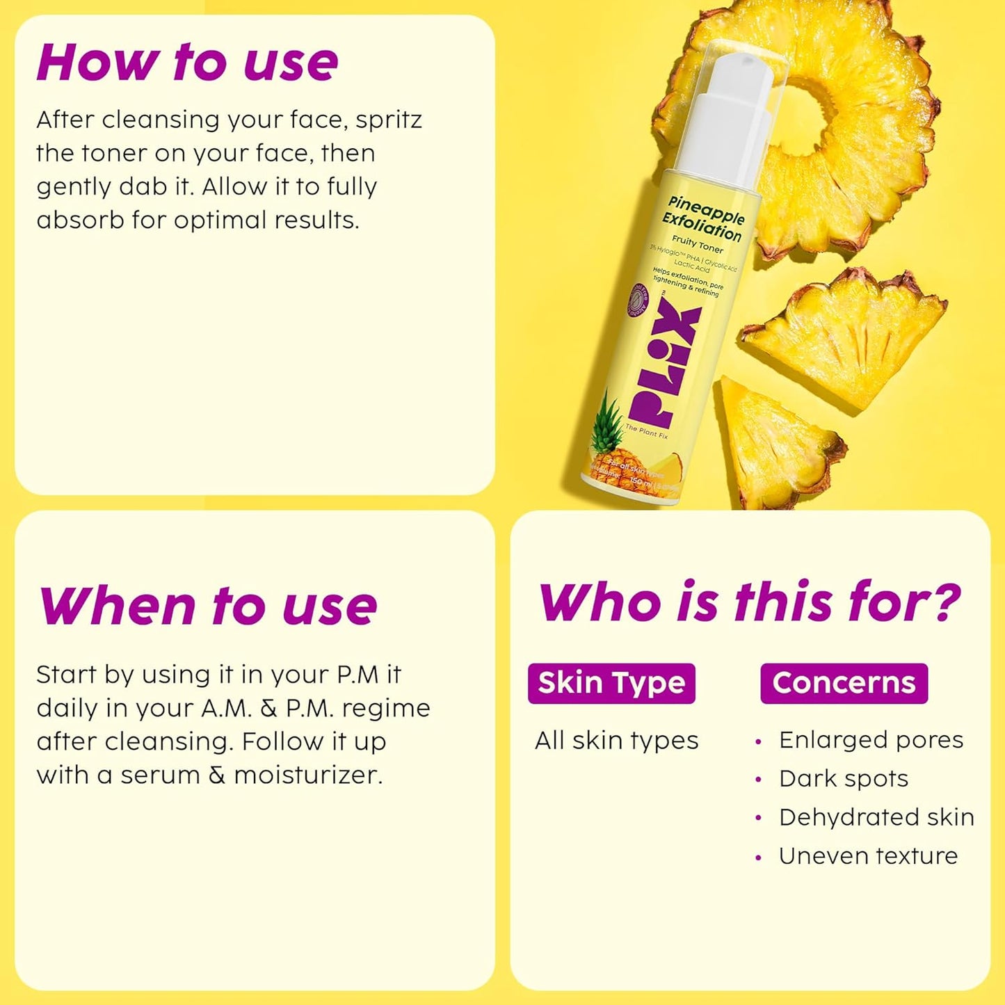 PLIX - THE PLANT FIX Pineapple PHA 3% Alcohol Free Face Toner (150ml) | Pore Tightening & Mild Exfoliation for Oily, Acne Prone, Sensitive & Normal Skin | Hydrating Face Toner for Glowing Skin
