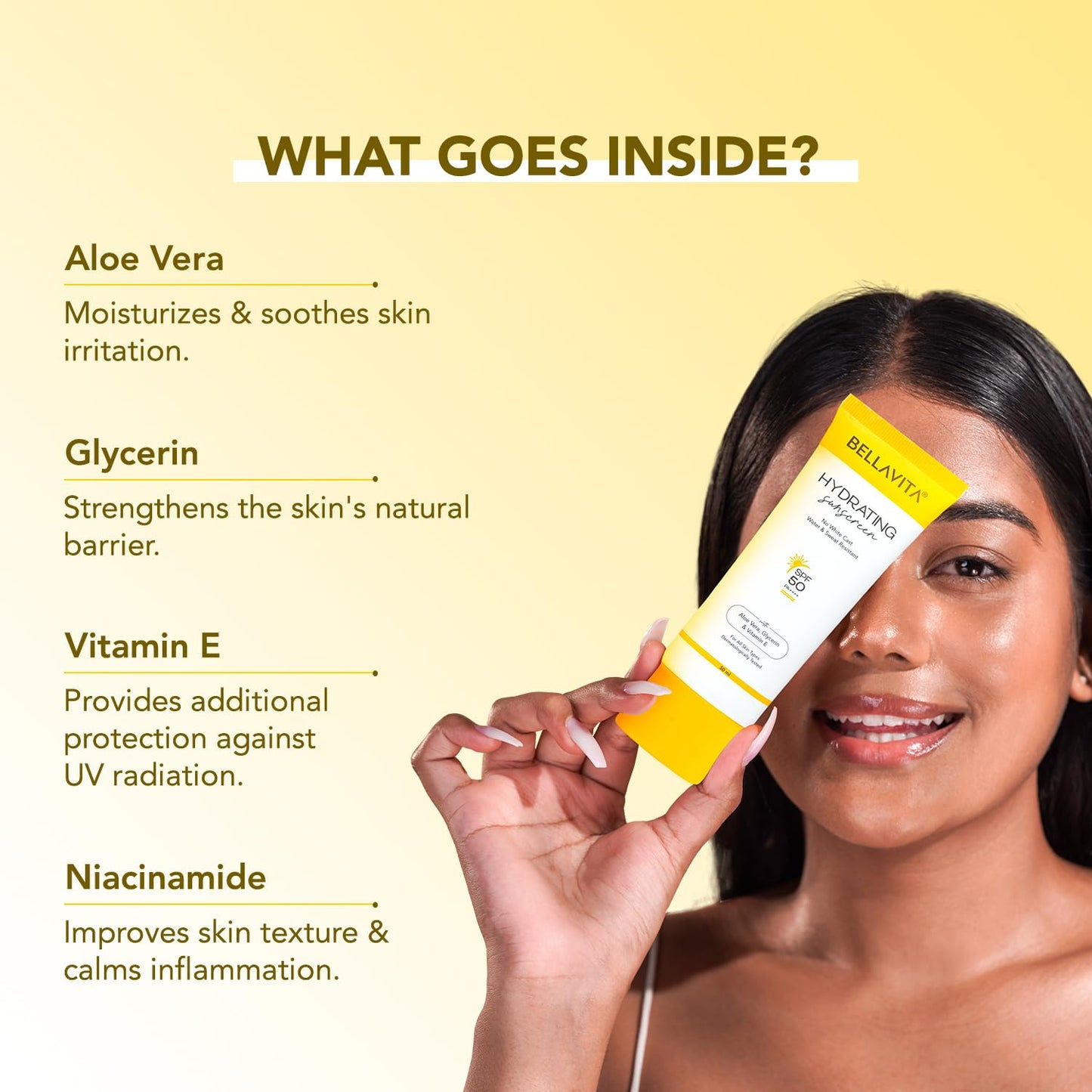 BELLAVITA Water based Hydrating Sunscreen, SPF 50, Lightweight PA+++, For All Skin Types, No White Cast, Non - Greasy Finish, UV Protection, Broad Spectrum, For Men & Women, 50ML