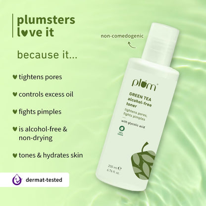 Plum Green Tea Face Toner For Oily, Acne-Prone Skin | With Glycolic Acid | Alcohol-Free | Fights Pimples | Tightens Pores | Controls Oil | Gently Exfoliates Dead Skin Cells | Women & Men | 200ml