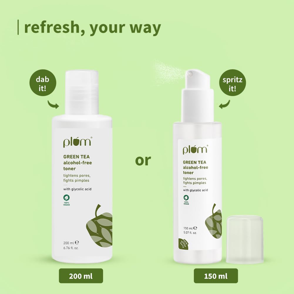 Plum Green Tea Face Toner For Oily, Acne-Prone Skin | With Glycolic Acid | Alcohol-Free | Fights Pimples | Tightens Pores | Controls Oil | Gently Exfoliates Dead Skin Cells | Women & Men | 200ml