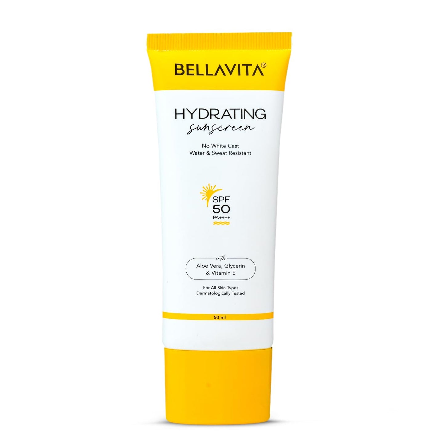 BELLAVITA Water based Hydrating Sunscreen, SPF 50, Lightweight PA+++, For All Skin Types, No White Cast, Non - Greasy Finish, UV Protection, Broad Spectrum, For Men & Women, 50ML