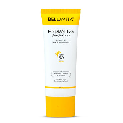 BELLAVITA Water based Hydrating Sunscreen, SPF 50, Lightweight PA+++, For All Skin Types, No White Cast, Non - Greasy Finish, UV Protection, Broad Spectrum, For Men & Women, 50ML