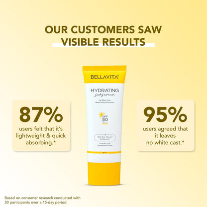 BELLAVITA Water based Hydrating Sunscreen, SPF 50, Lightweight PA+++, For All Skin Types, No White Cast, Non - Greasy Finish, UV Protection, Broad Spectrum, For Men & Women, 50ML