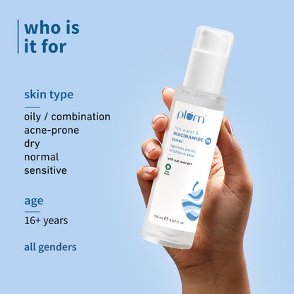 Plum 3% Niacinamide & Rice Water Face Toner | Alcohol-Free Toner for Oily Acne Prone Dry Combination Skin | Pore Tightening & Glowing Skin |Fades Blemishes, Brightens & Smoothens | Women & Men | 150ml