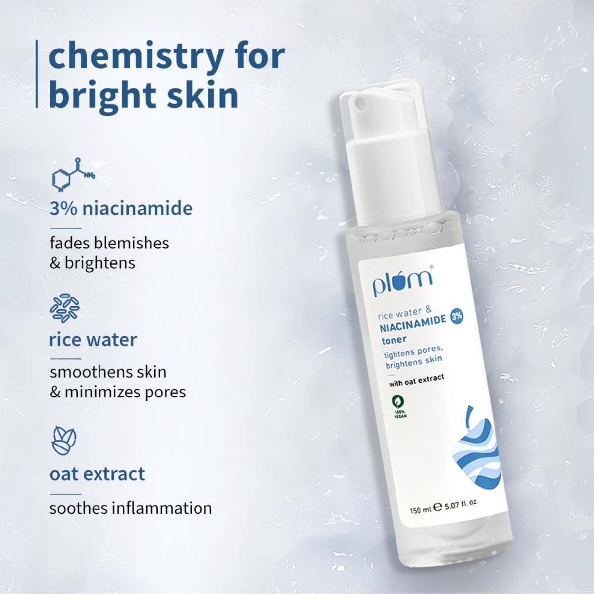 Plum 3% Niacinamide & Rice Water Face Toner | Alcohol-Free Toner for Oily Acne Prone Dry Combination Skin | Pore Tightening & Glowing Skin |Fades Blemishes, Brightens & Smoothens | Women & Men | 150ml