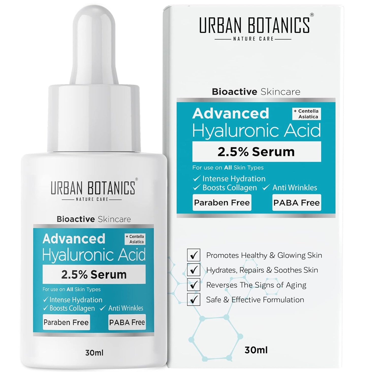 UrbanBotanics 2.5% Hyaluronic Acid Serum for Intense Hydration, Glowing Skin & Fines Lines | Daily Hydrating Face Serum For Women & Men with Dry, Normal & Oily Skin, 30 ml