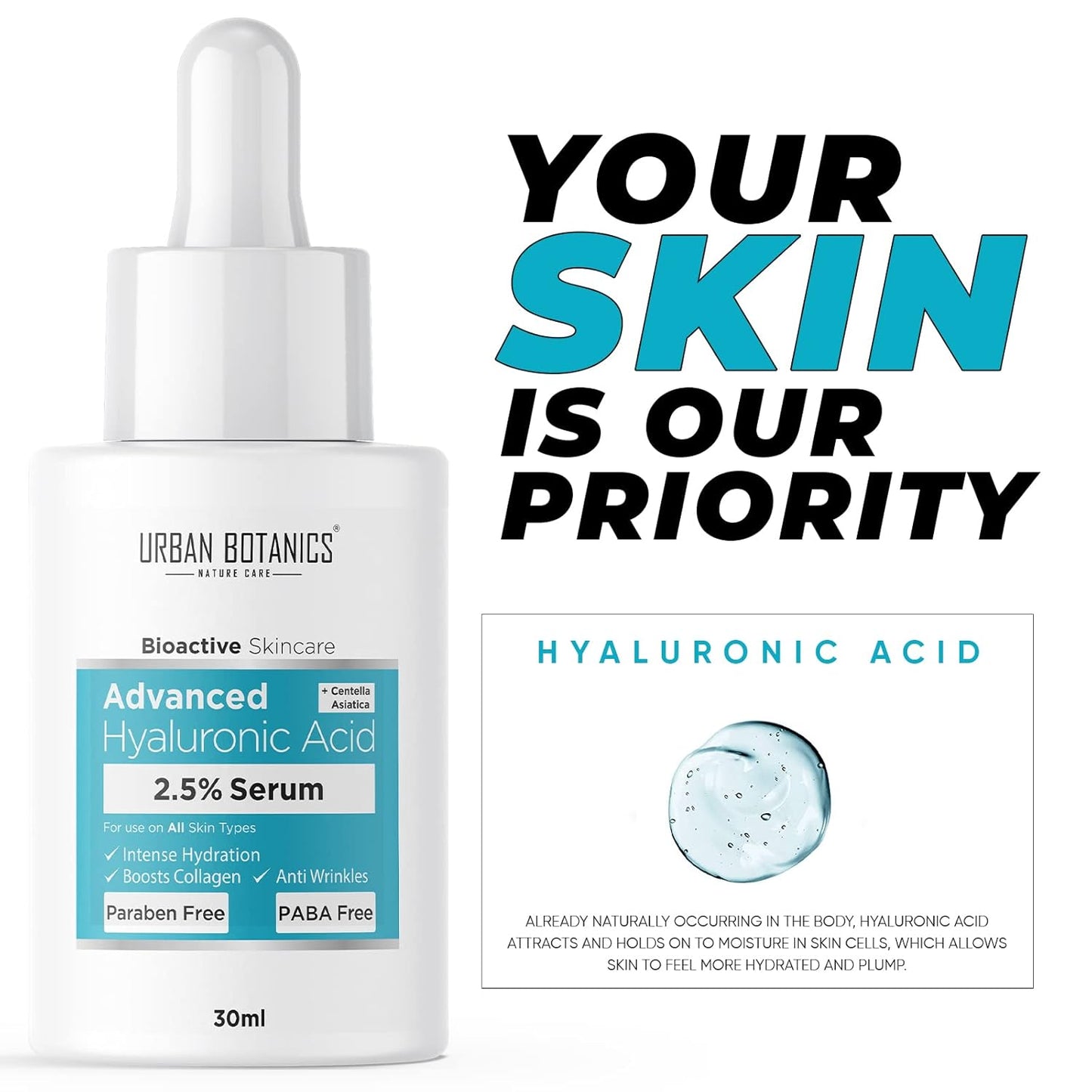 UrbanBotanics 2.5% Hyaluronic Acid Serum for Intense Hydration, Glowing Skin & Fines Lines | Daily Hydrating Face Serum For Women & Men with Dry, Normal & Oily Skin, 30 ml
