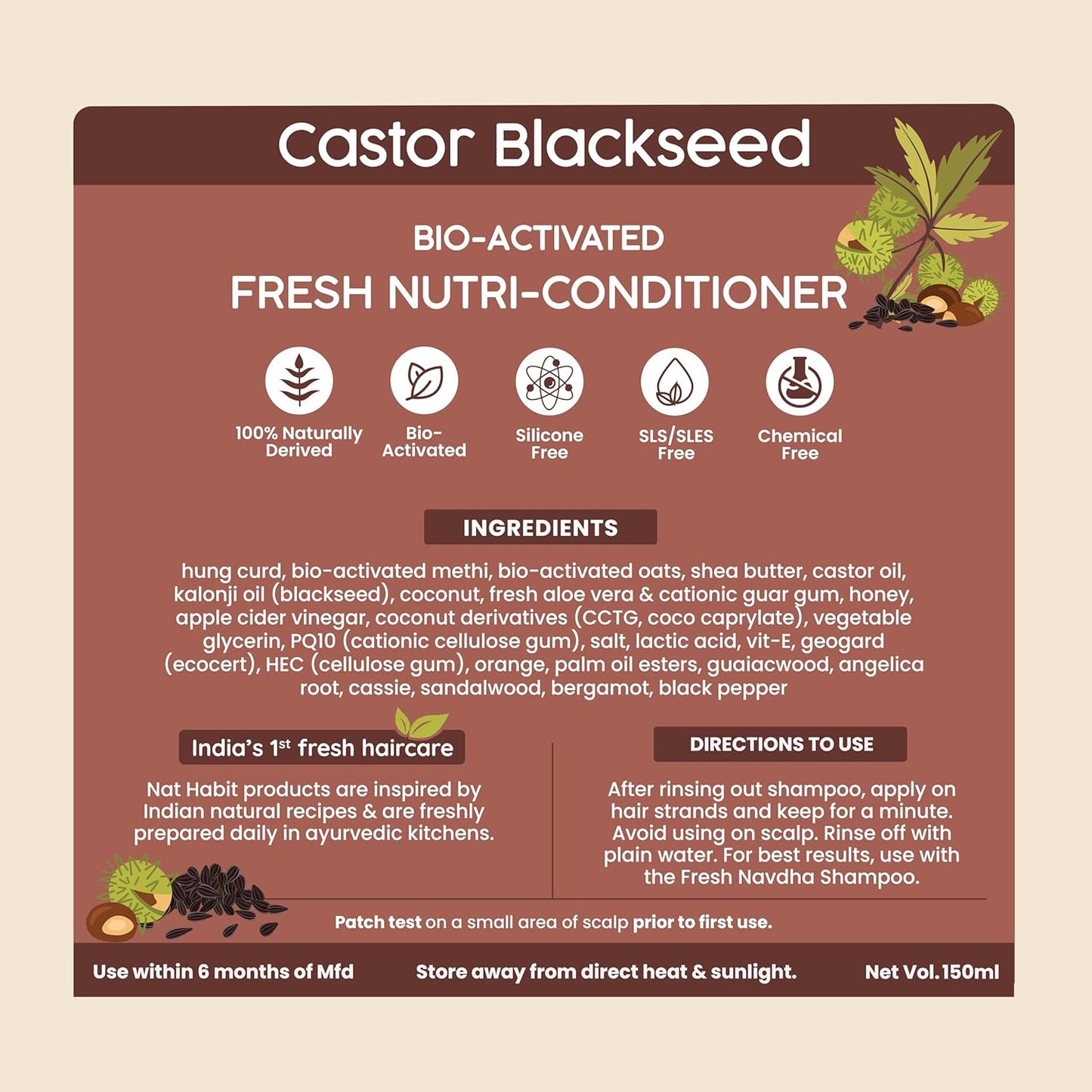 Nat Habit Castor Black Seed Nutri-Conditioner For Men Dry & Frizzy Hair & Men's Hair Revitalization with 9 Ultra-Moisturizing Power Conditioners, 150ml