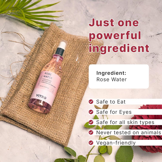 Vitro Rose Water Spray for Face 200ml | Pure Gulab Jal | No Additives, Chemicals, or Preservatives | Natural Toner for Hydrated, Glowing Skin | Hydro Distilled